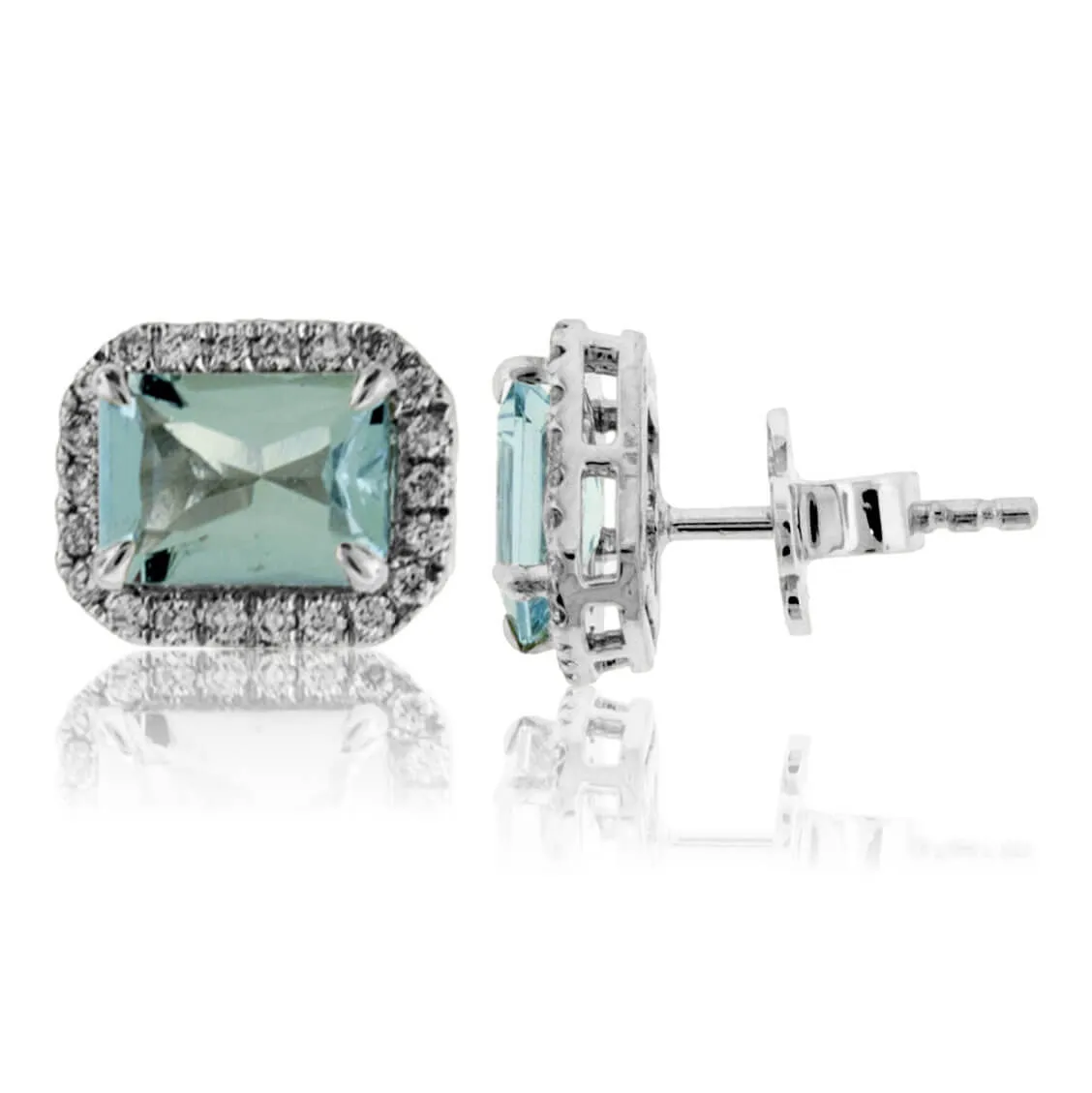 Emerald-Cut Aquamarine and Diamond Halo Stud Earrings