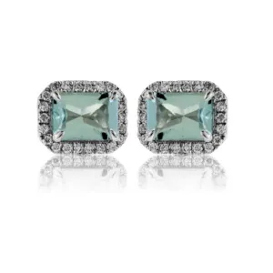 Emerald-Cut Aquamarine and Diamond Halo Stud Earrings