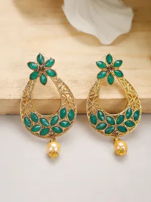 Exclusive Green & Gold Floral Design Brass Drop Earring - Anikas Creation