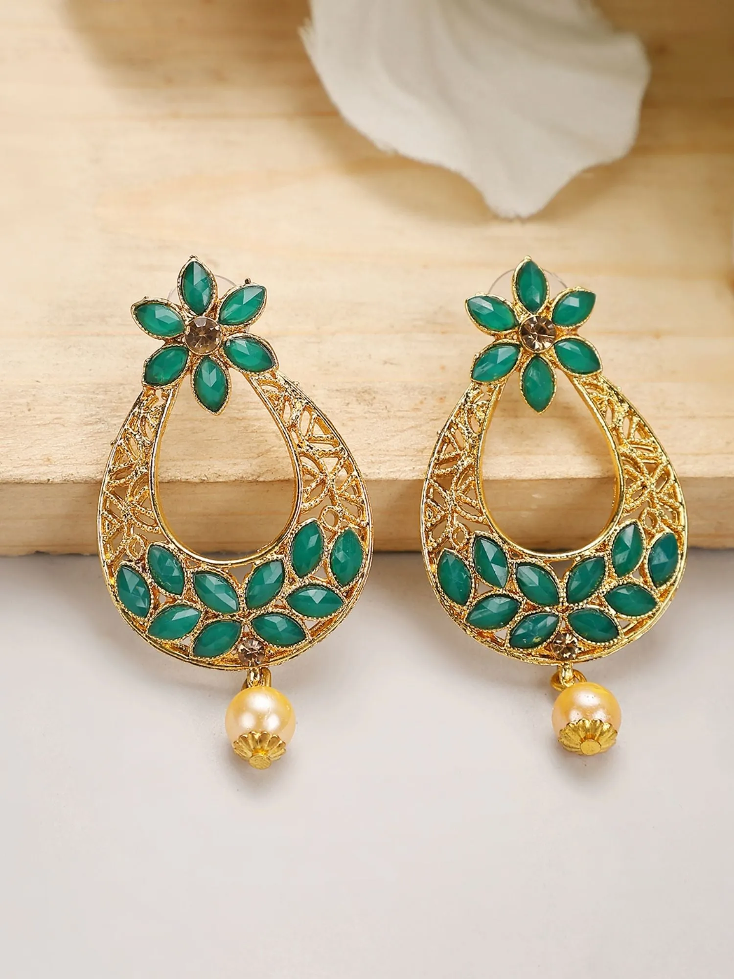 Exclusive Green & Gold Floral Design Brass Drop Earring - Anikas Creation