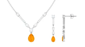 Fire Opal and Moissanite Drop Necklace Earrings Set