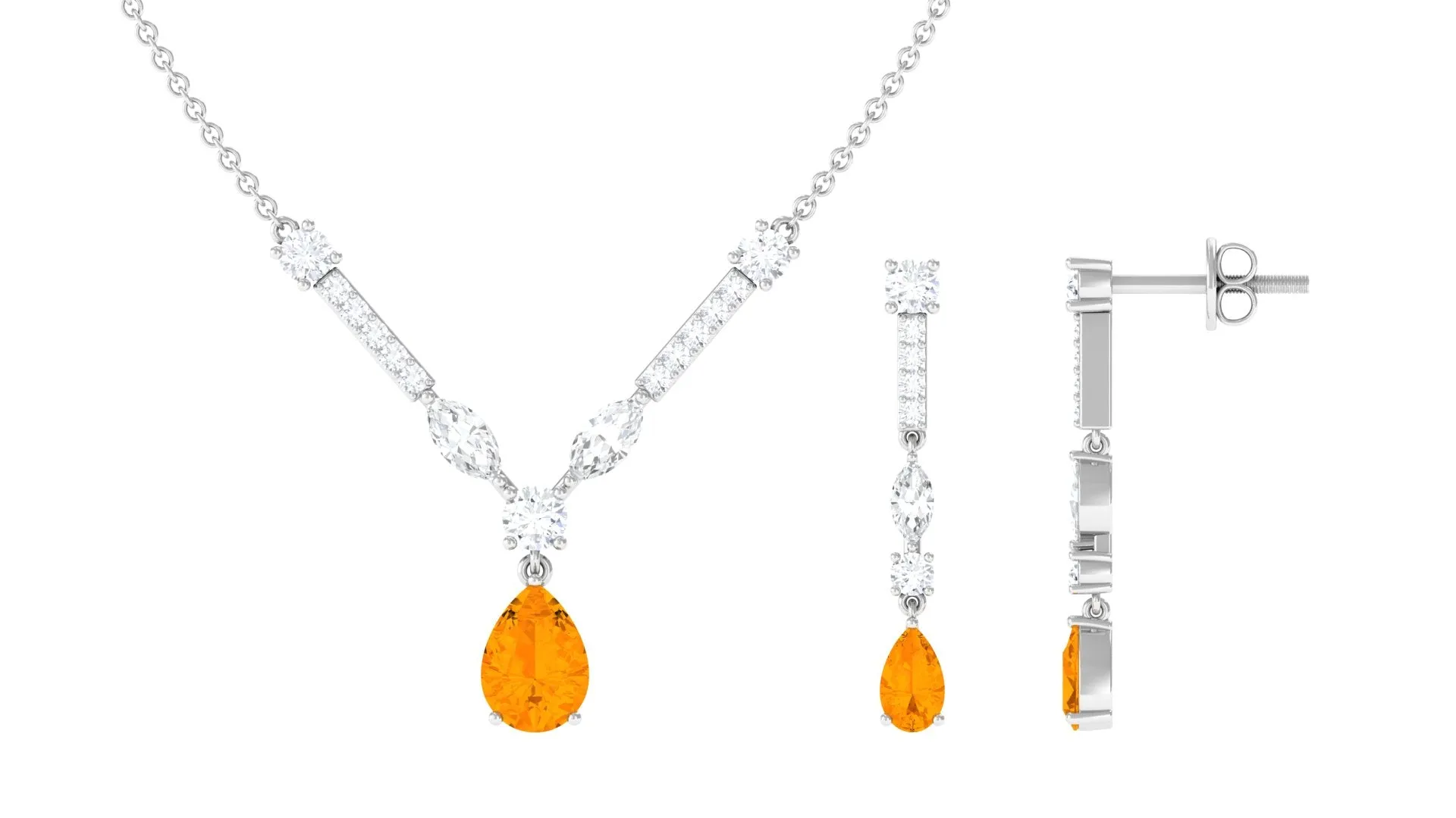 Fire Opal and Moissanite Drop Necklace Earrings Set