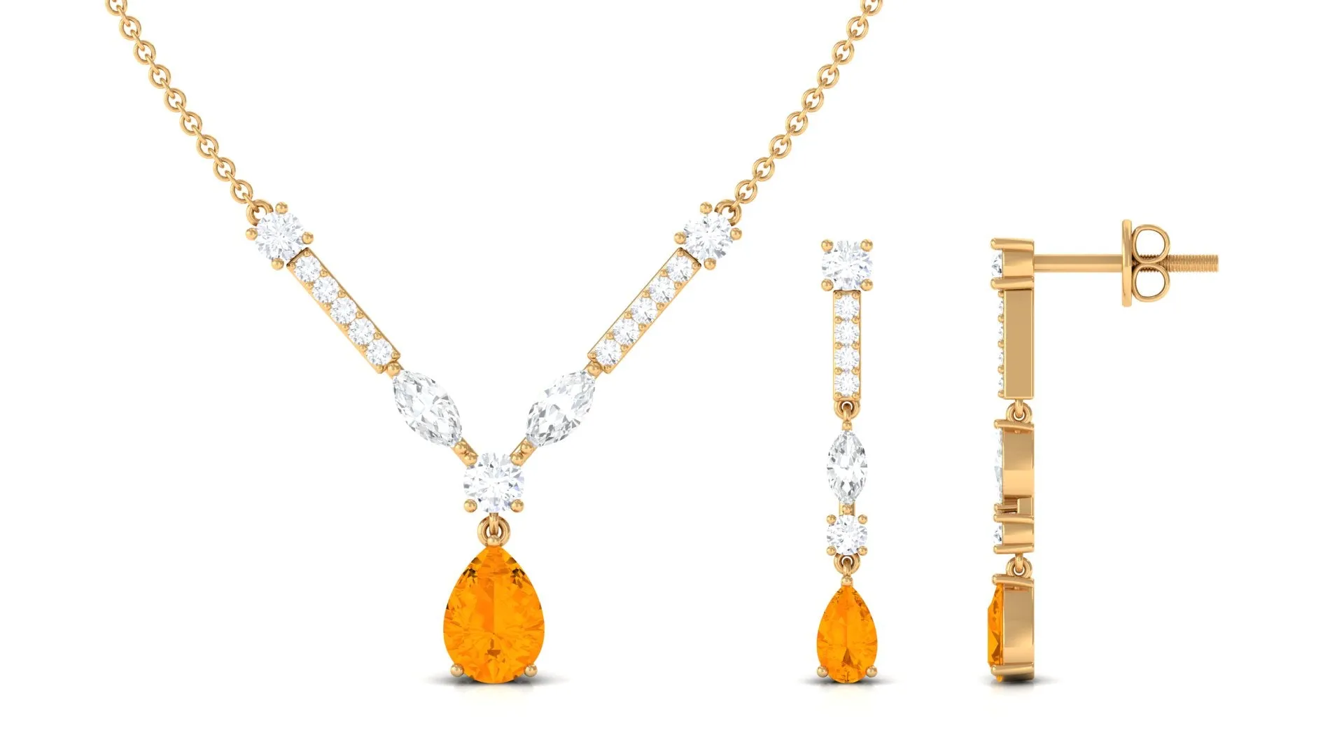 Fire Opal and Moissanite Drop Necklace Earrings Set