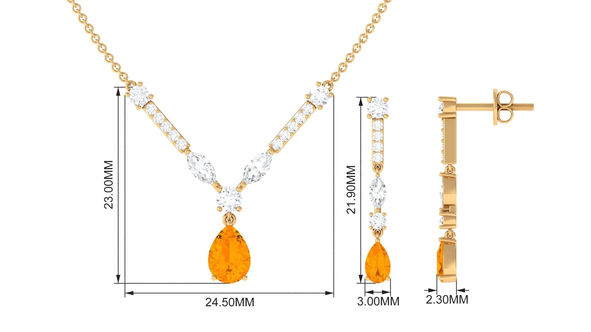 Fire Opal and Moissanite Drop Necklace Earrings Set