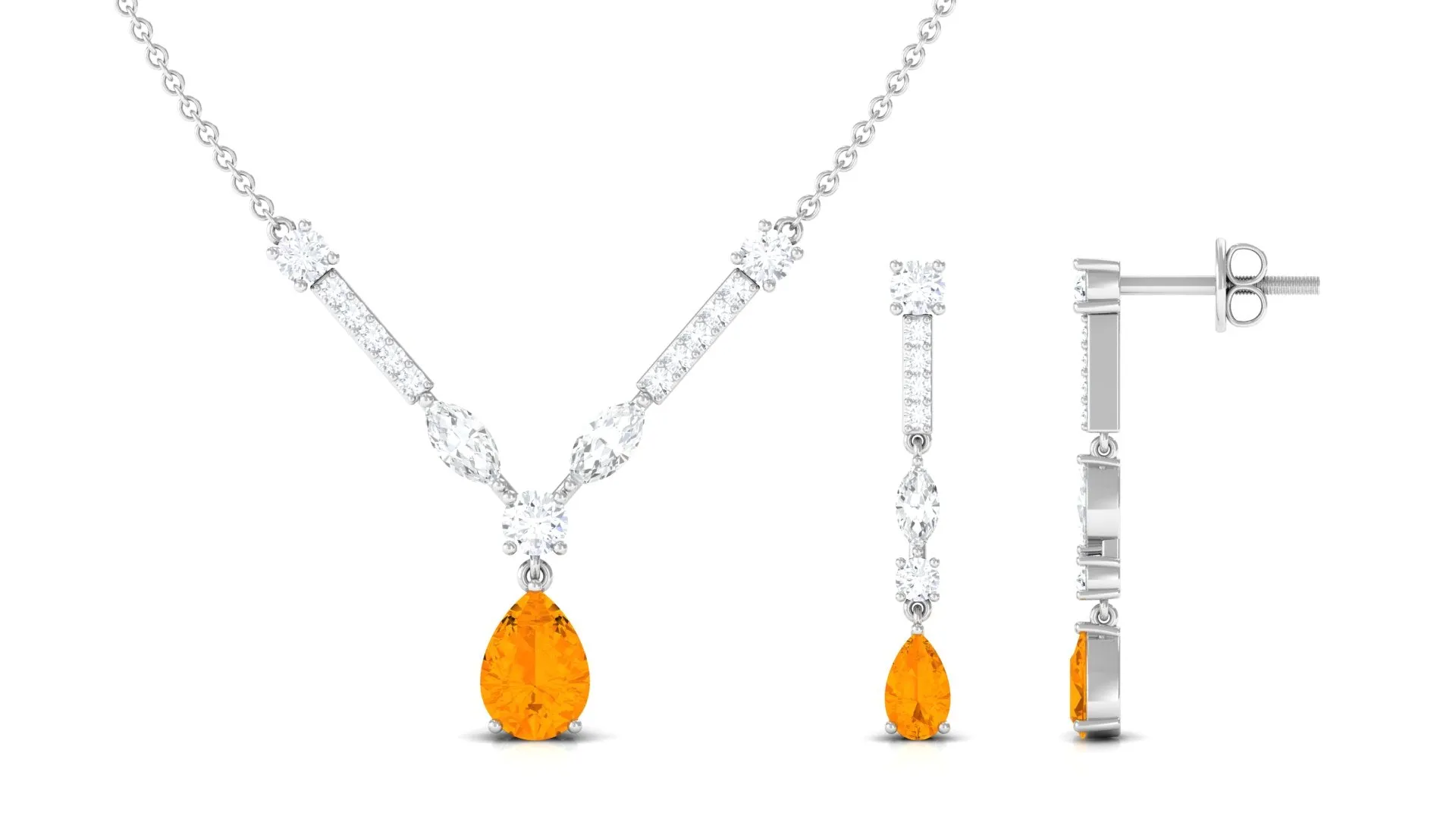 Fire Opal and Moissanite Drop Necklace Earrings Set