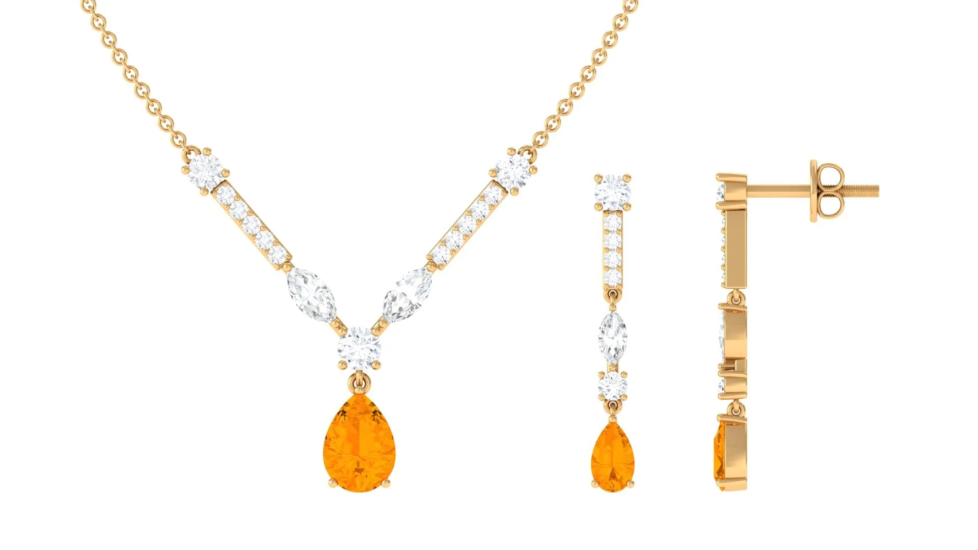 Fire Opal and Moissanite Drop Necklace Earrings Set
