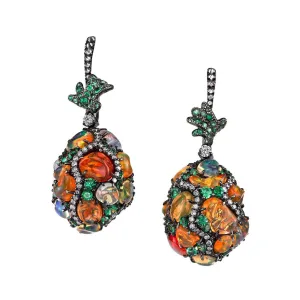 Fire Opal Eggs Drop Earrings with Tsavorite and Diamonds