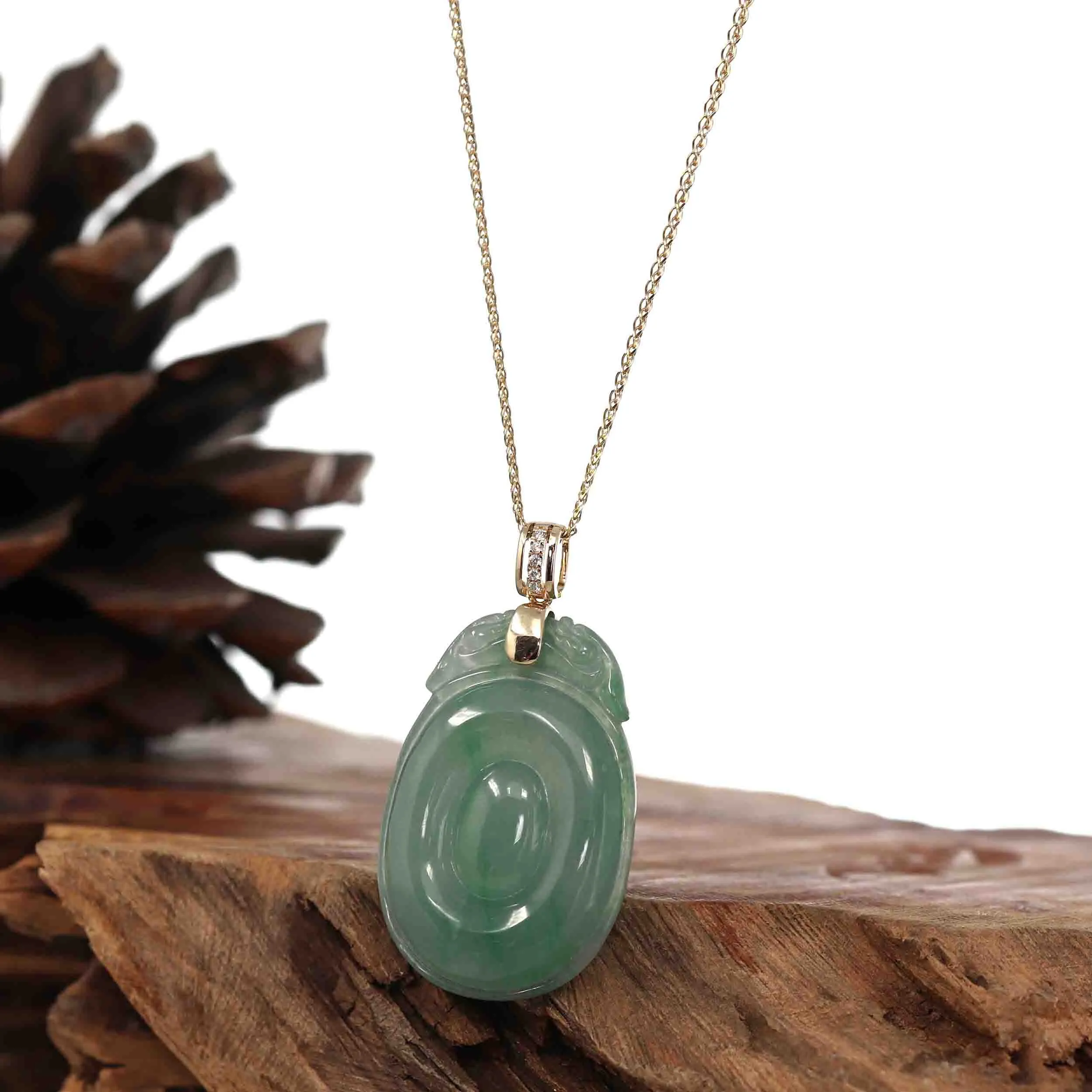 Genuine Green Jadeite Jade Dragon Necklace With VSI Diamond Gold Bail