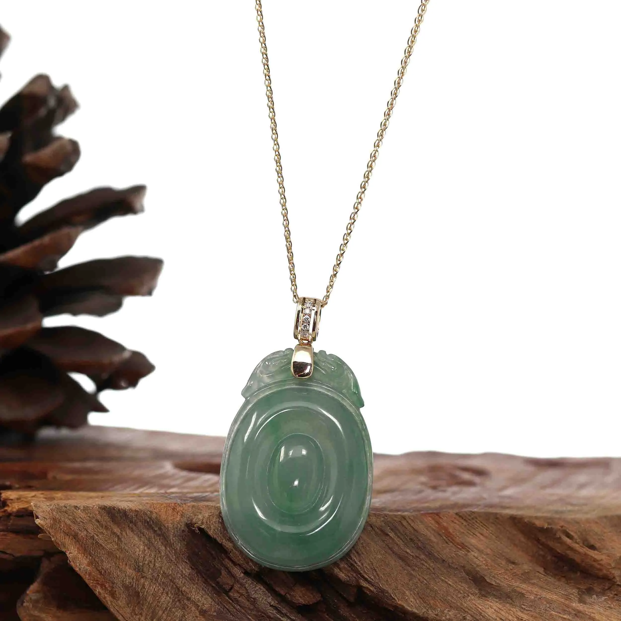 Genuine Green Jadeite Jade Dragon Necklace With VSI Diamond Gold Bail