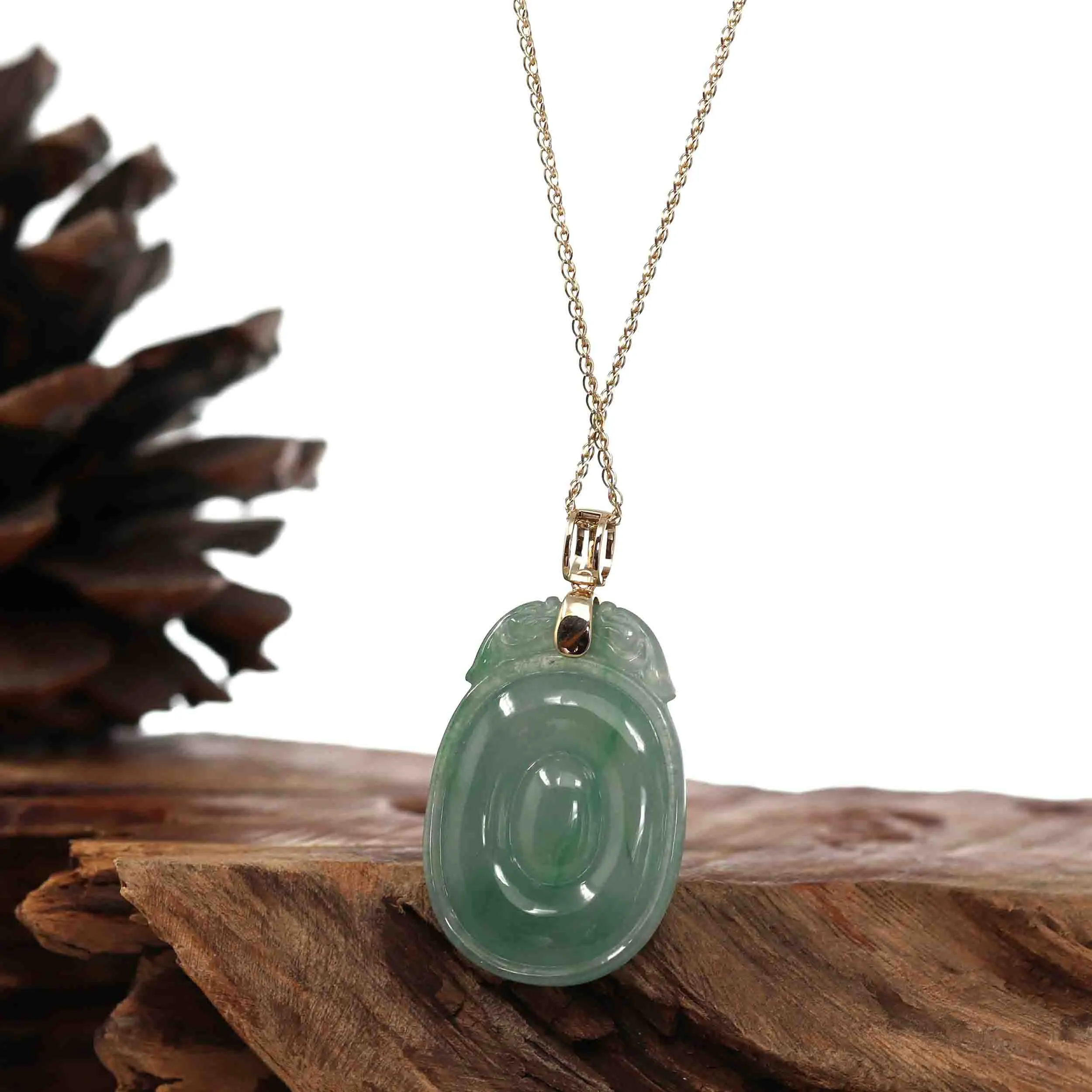 Genuine Green Jadeite Jade Dragon Necklace With VSI Diamond Gold Bail