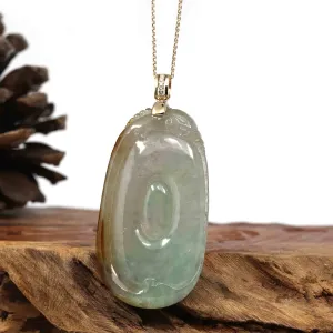 Genuine Ice Jadeite Jade Fu Zai Yan Qian Pendant Necklace With 14K White Gold Bail