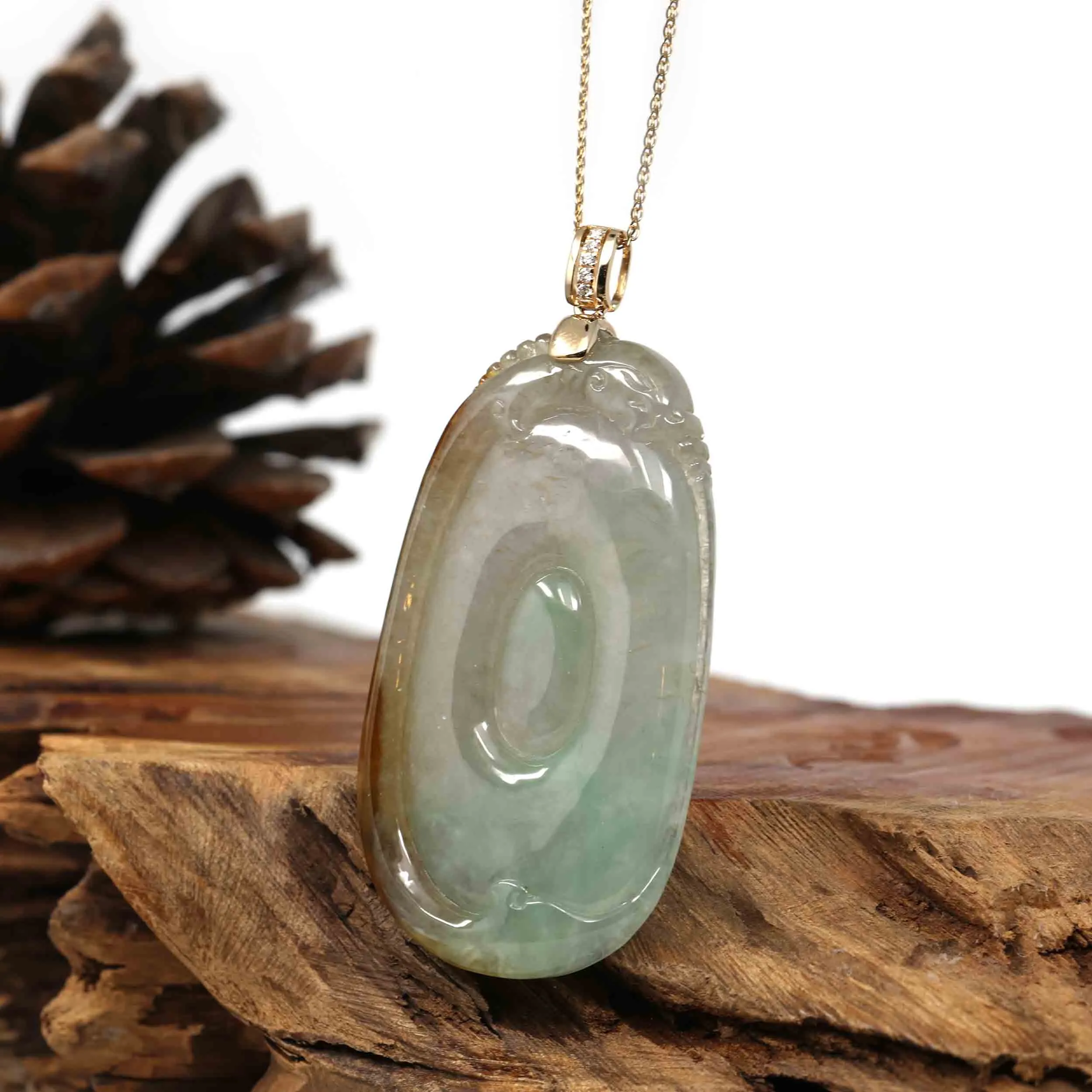 Genuine Ice Jadeite Jade Fu Zai Yan Qian Pendant Necklace With 14K White Gold Bail