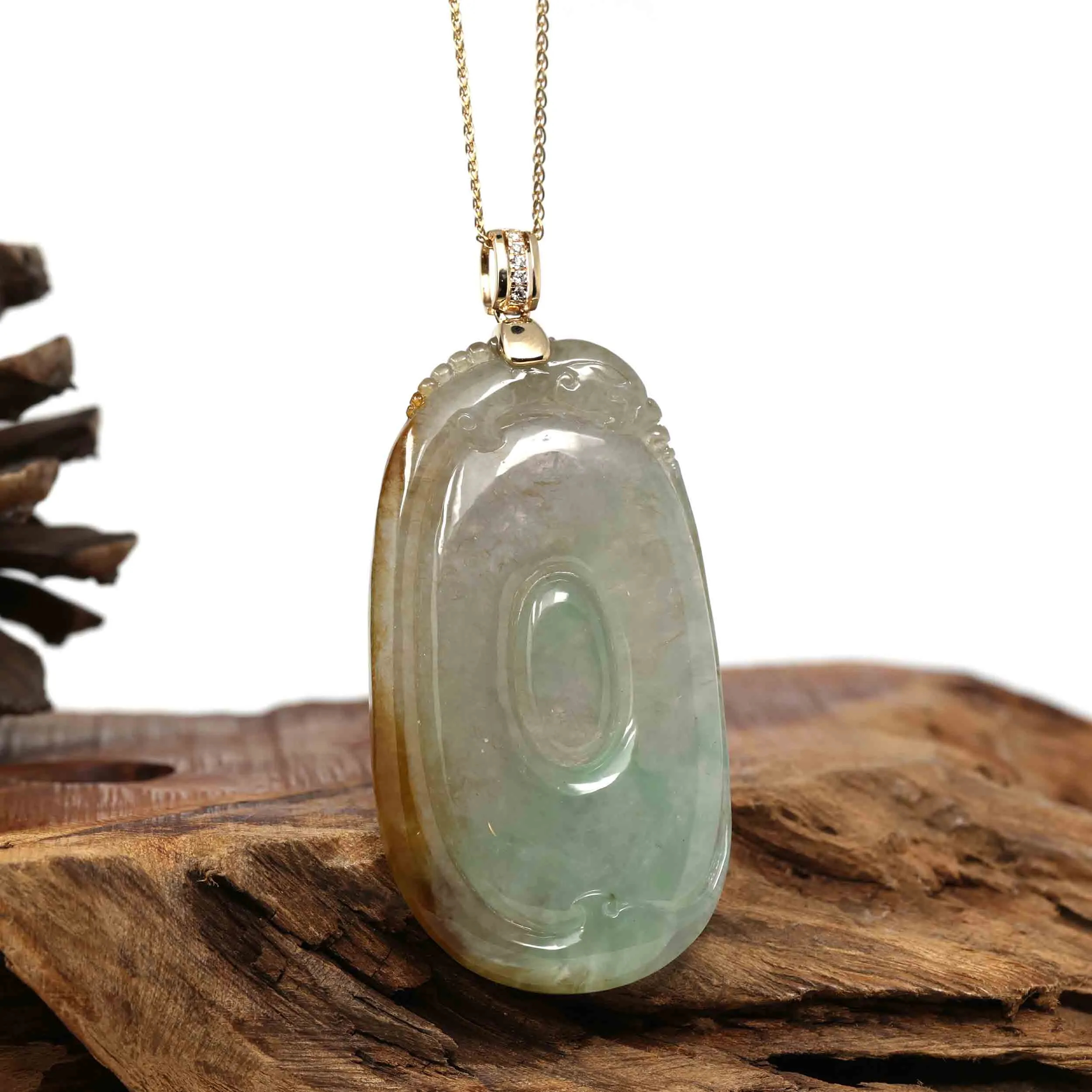 Genuine Ice Jadeite Jade Fu Zai Yan Qian Pendant Necklace With 14K White Gold Bail