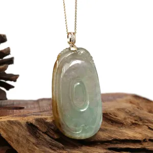 Genuine Ice Jadeite Jade Fu Zai Yan Qian Pendant Necklace With 14K White Gold Bail