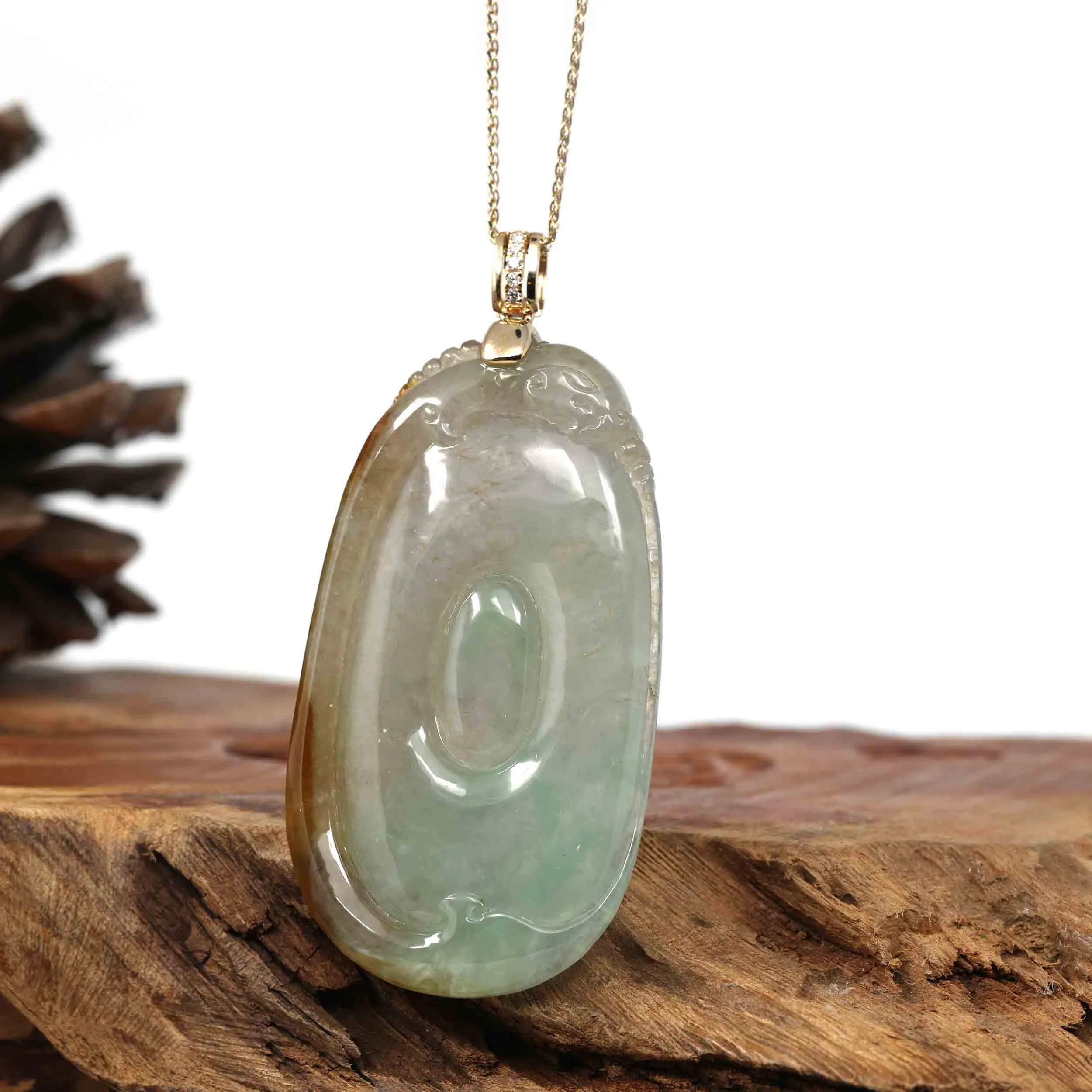 Genuine Ice Jadeite Jade Fu Zai Yan Qian Pendant Necklace With 14K White Gold Bail