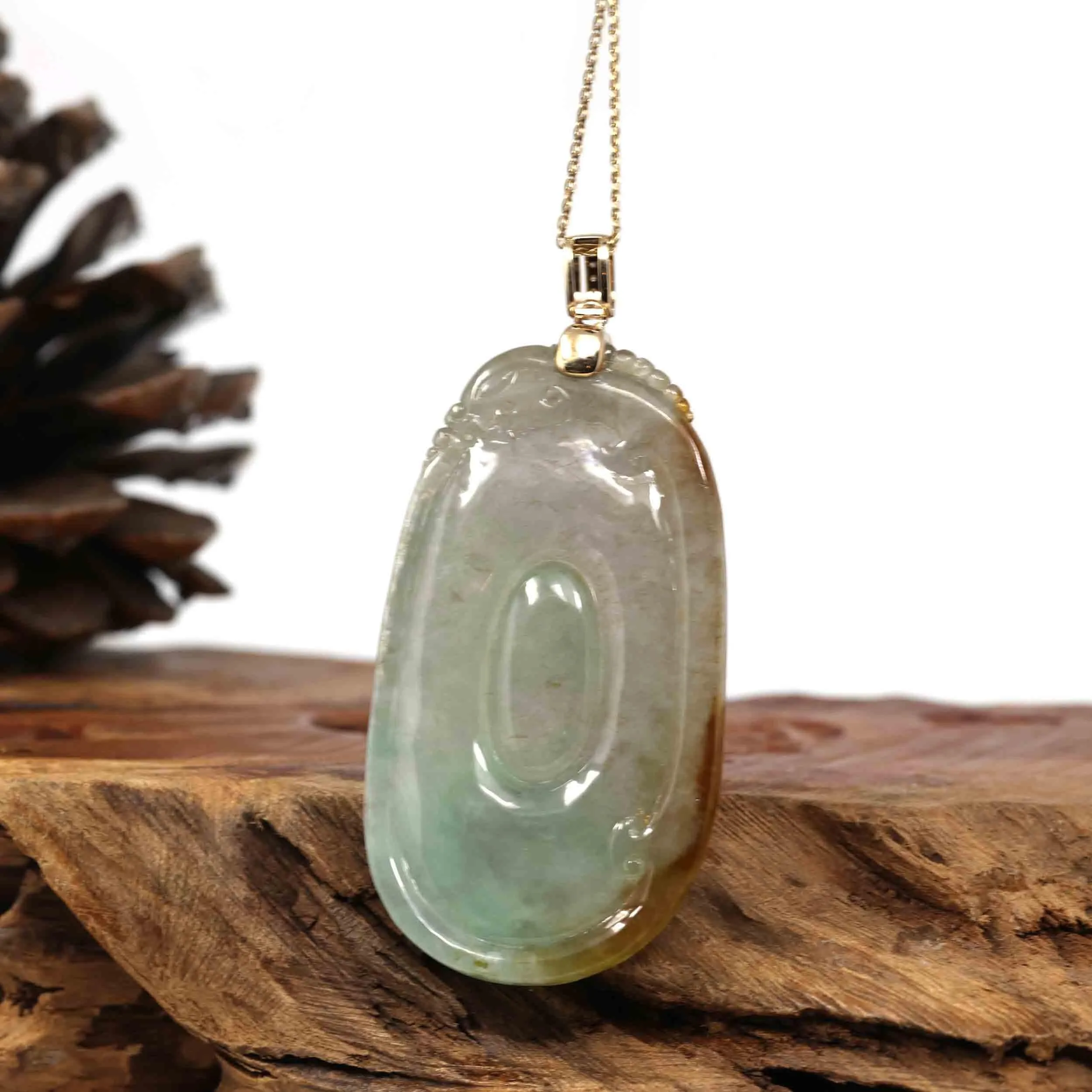 Genuine Ice Jadeite Jade Fu Zai Yan Qian Pendant Necklace With 14K White Gold Bail