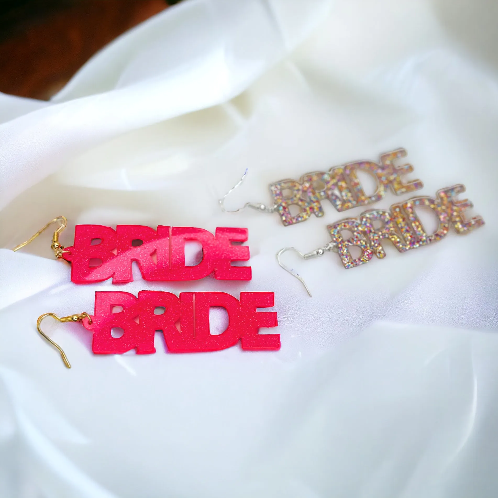 Glitter Acrylic Bride Dangle Earrings - Hot Pink Glitter or Rainbow Glitter - Sparkle in Style!