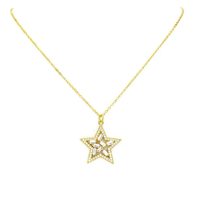Gold Cubic Zirconia Baguette Star Pendant Necklace