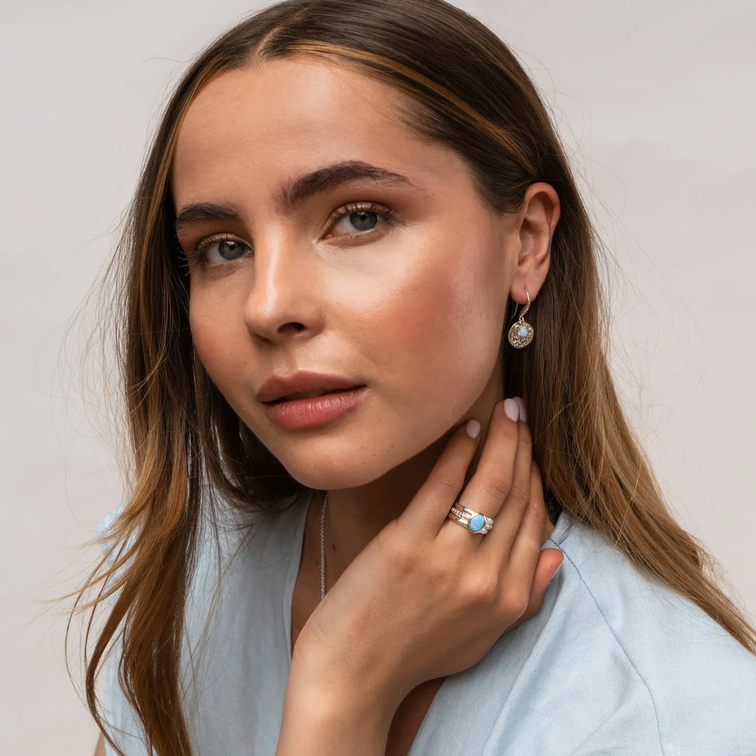 Hammered Disc & Opal Array Drop Earrings
