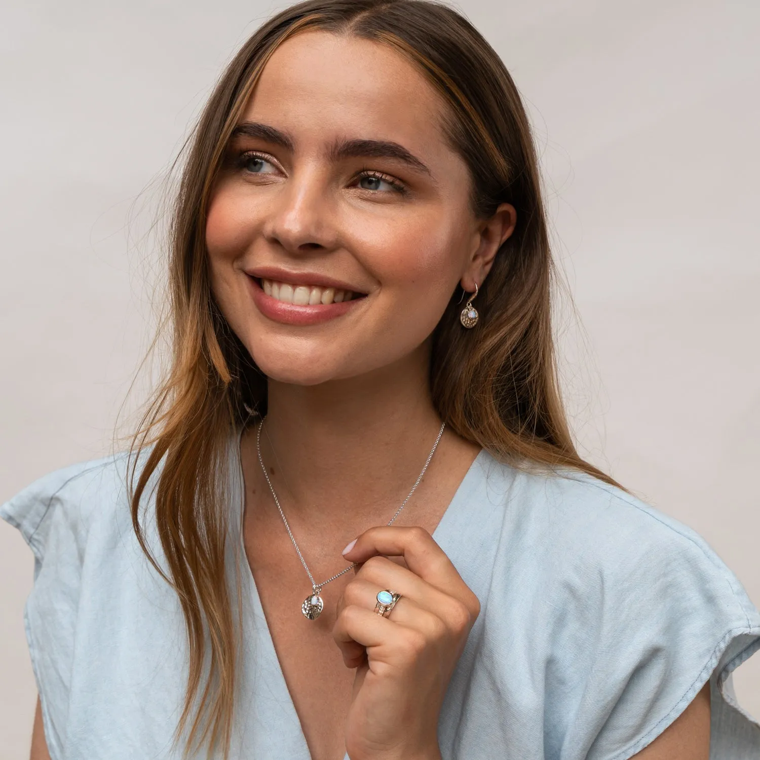 Hammered Disc & Opal Array Drop Earrings
