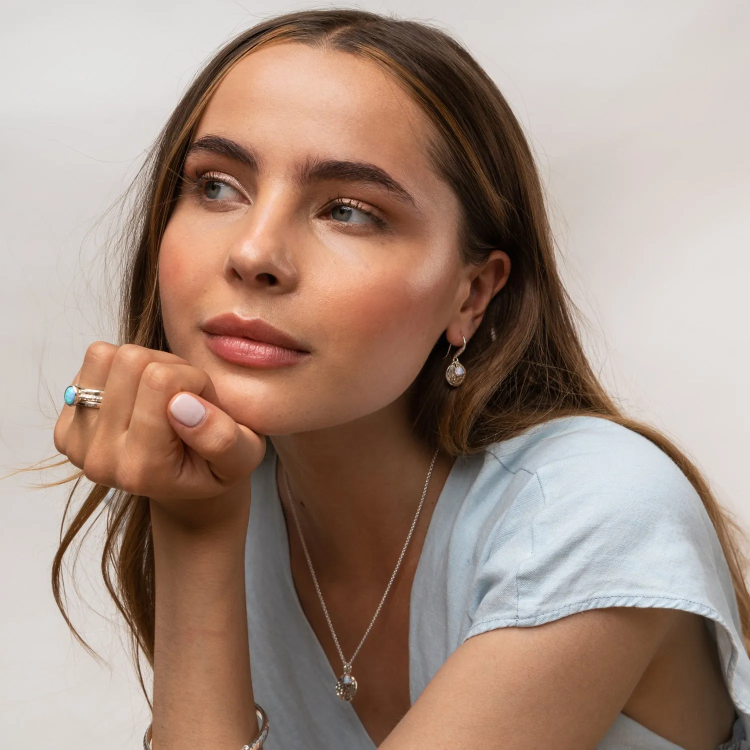 Hammered Disc & Opal Array Drop Earrings