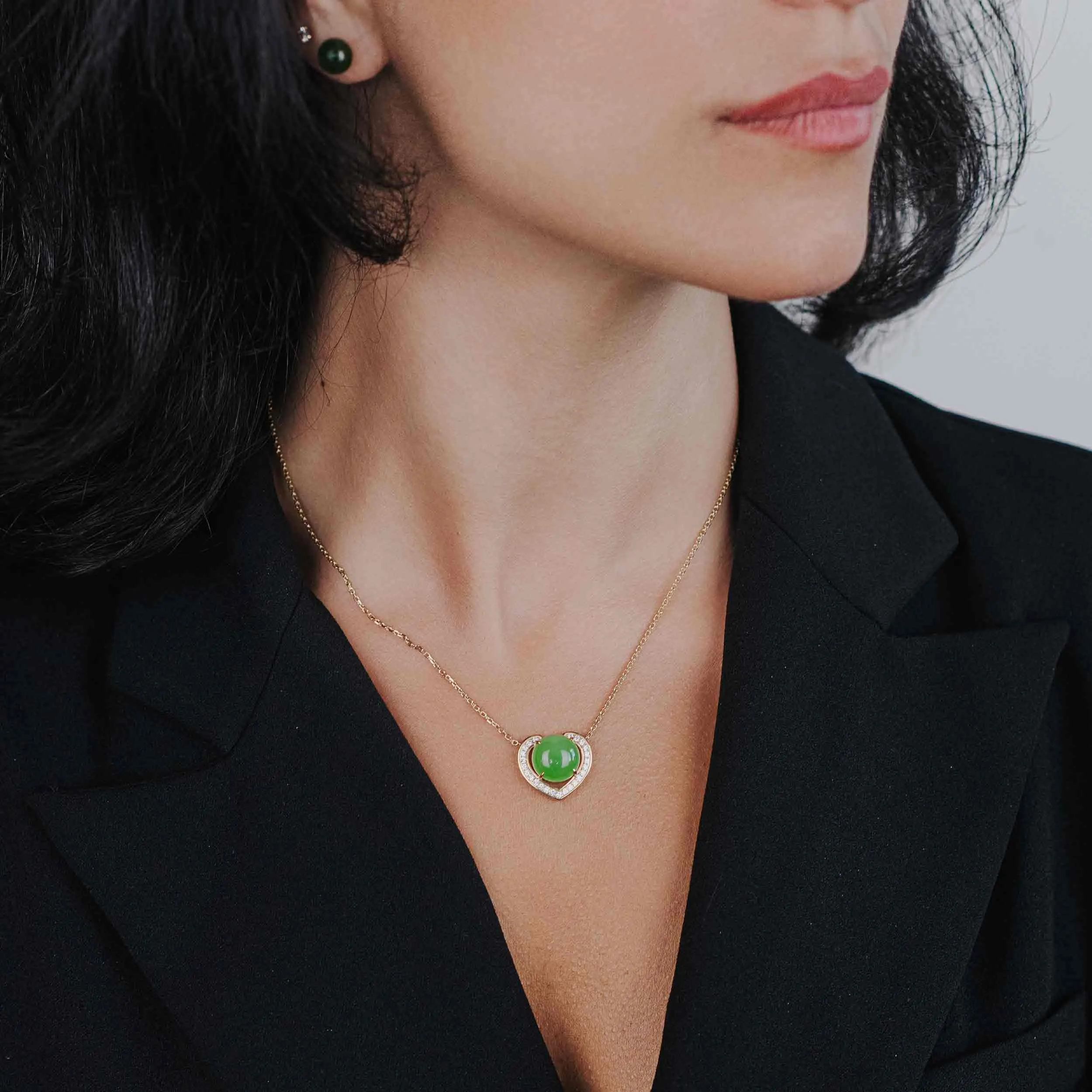 Heart Shape Round Green Nephrite Jade Love Pendant Necklace With VS1 Diamond 14k Yellow Gold