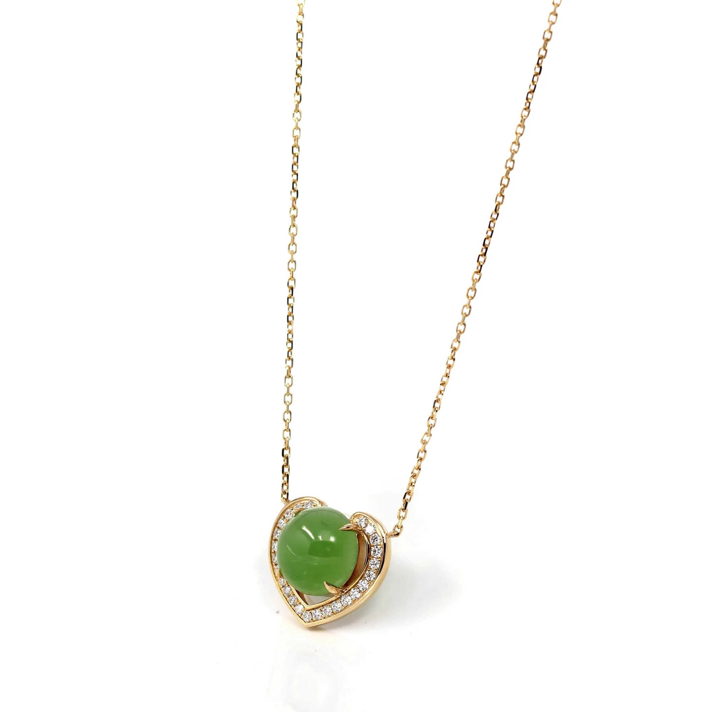 Heart Shape Round Green Nephrite Jade Love Pendant Necklace With VS1 Diamond 14k Yellow Gold
