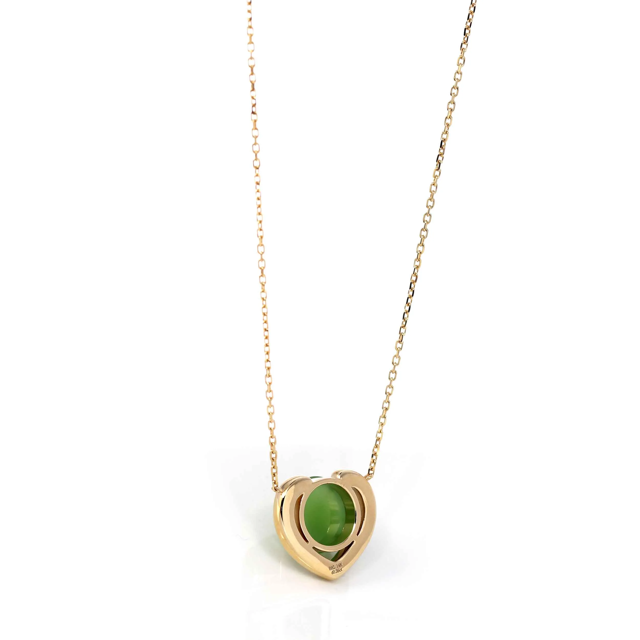 Heart Shape Round Green Nephrite Jade Love Pendant Necklace With VS1 Diamond 14k Yellow Gold