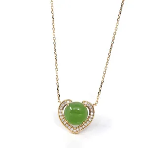 Heart Shape Round Green Nephrite Jade Love Pendant Necklace With VS1 Diamond 14k Yellow Gold