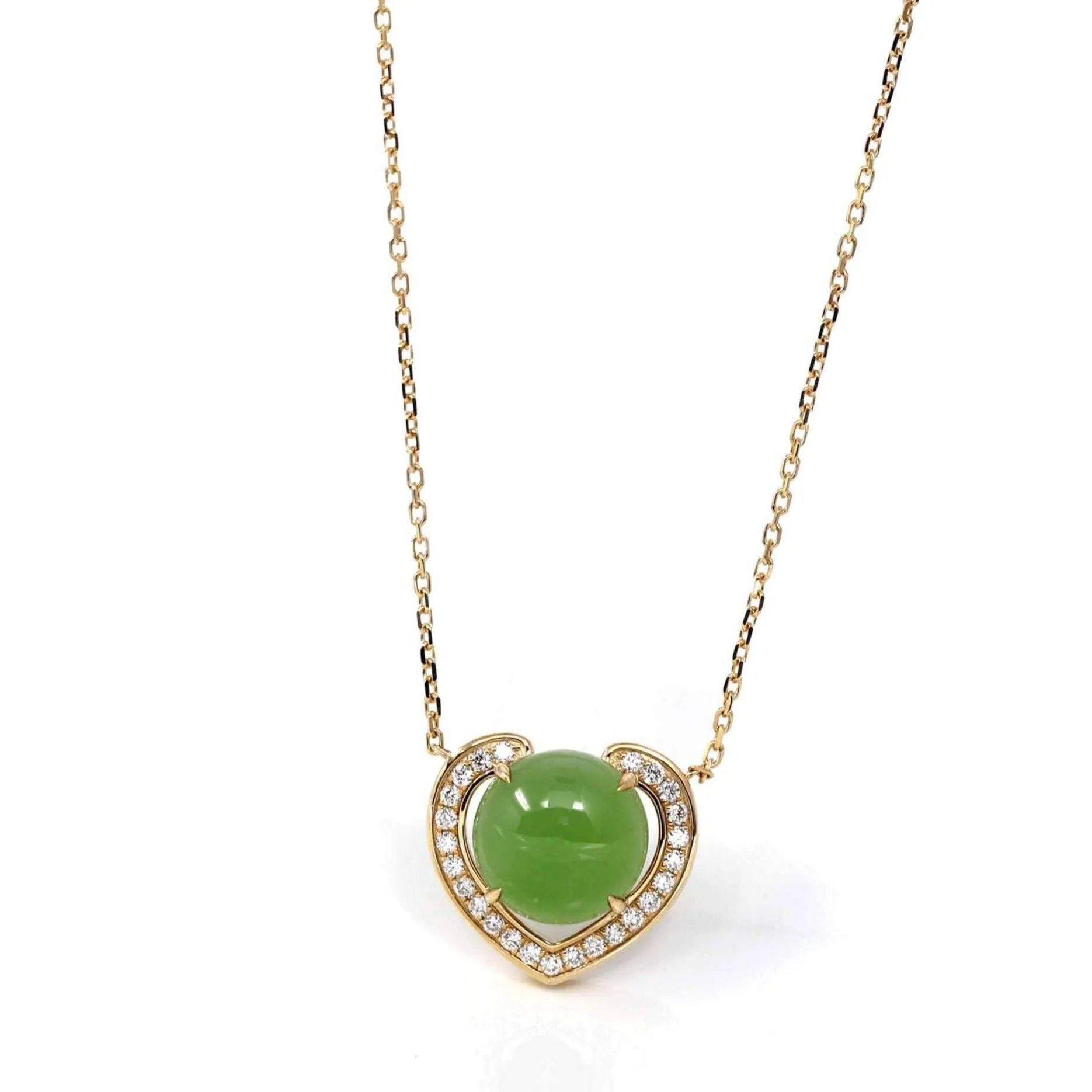 Heart Shape Round Green Nephrite Jade Love Pendant Necklace With VS1 Diamond 14k Yellow Gold