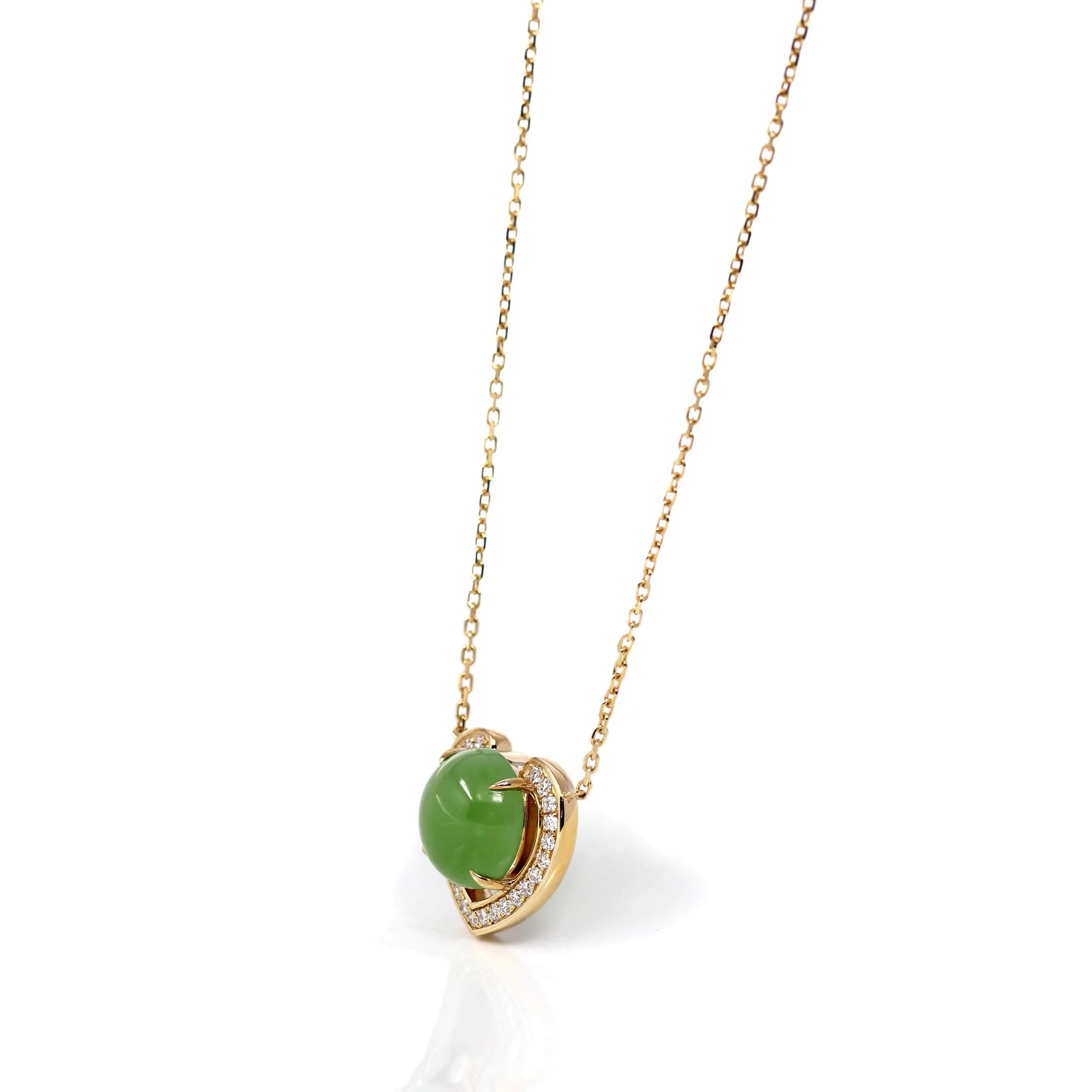 Heart Shape Round Green Nephrite Jade Love Pendant Necklace With VS1 Diamond 14k Yellow Gold