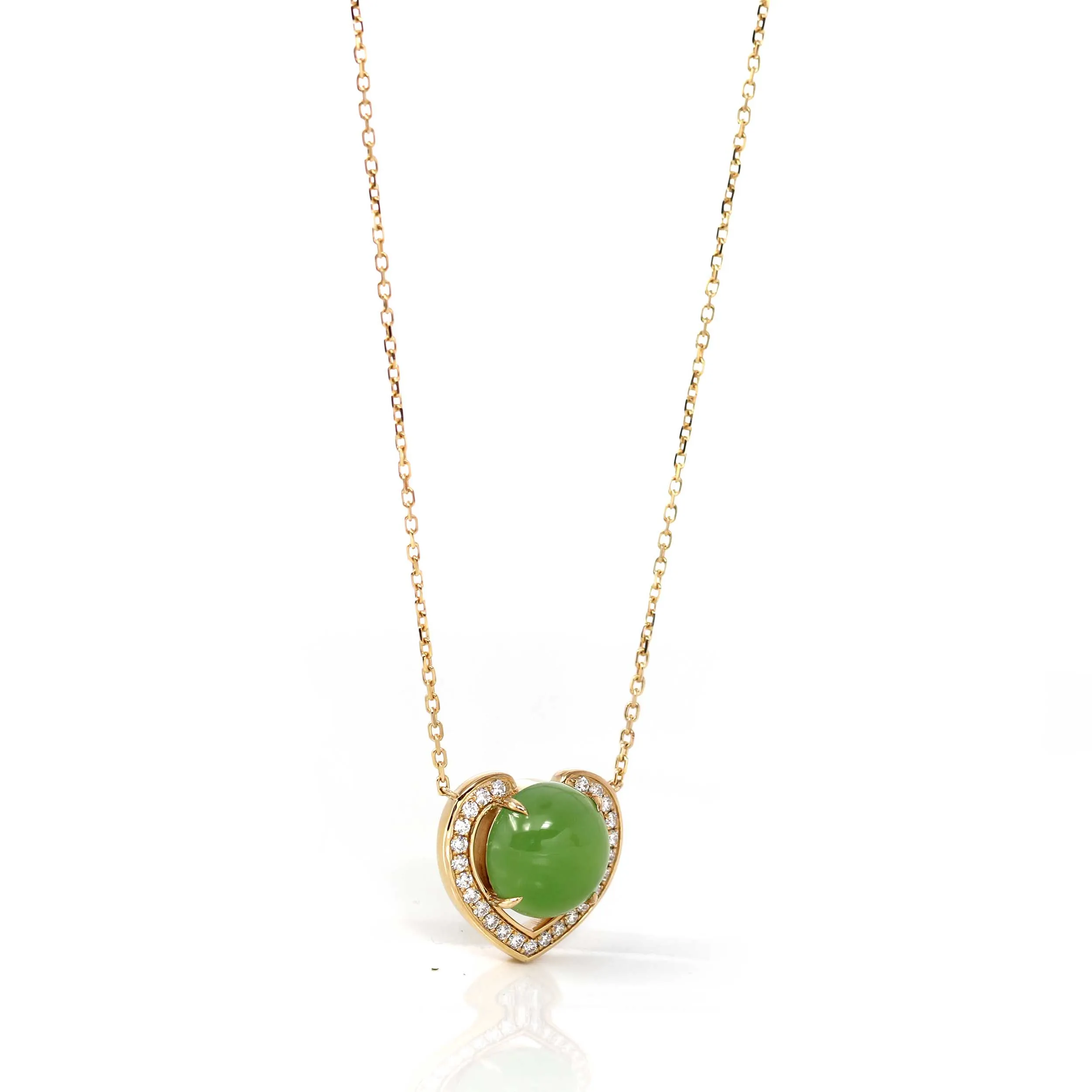 Heart Shape Round Green Nephrite Jade Love Pendant Necklace With VS1 Diamond 14k Yellow Gold