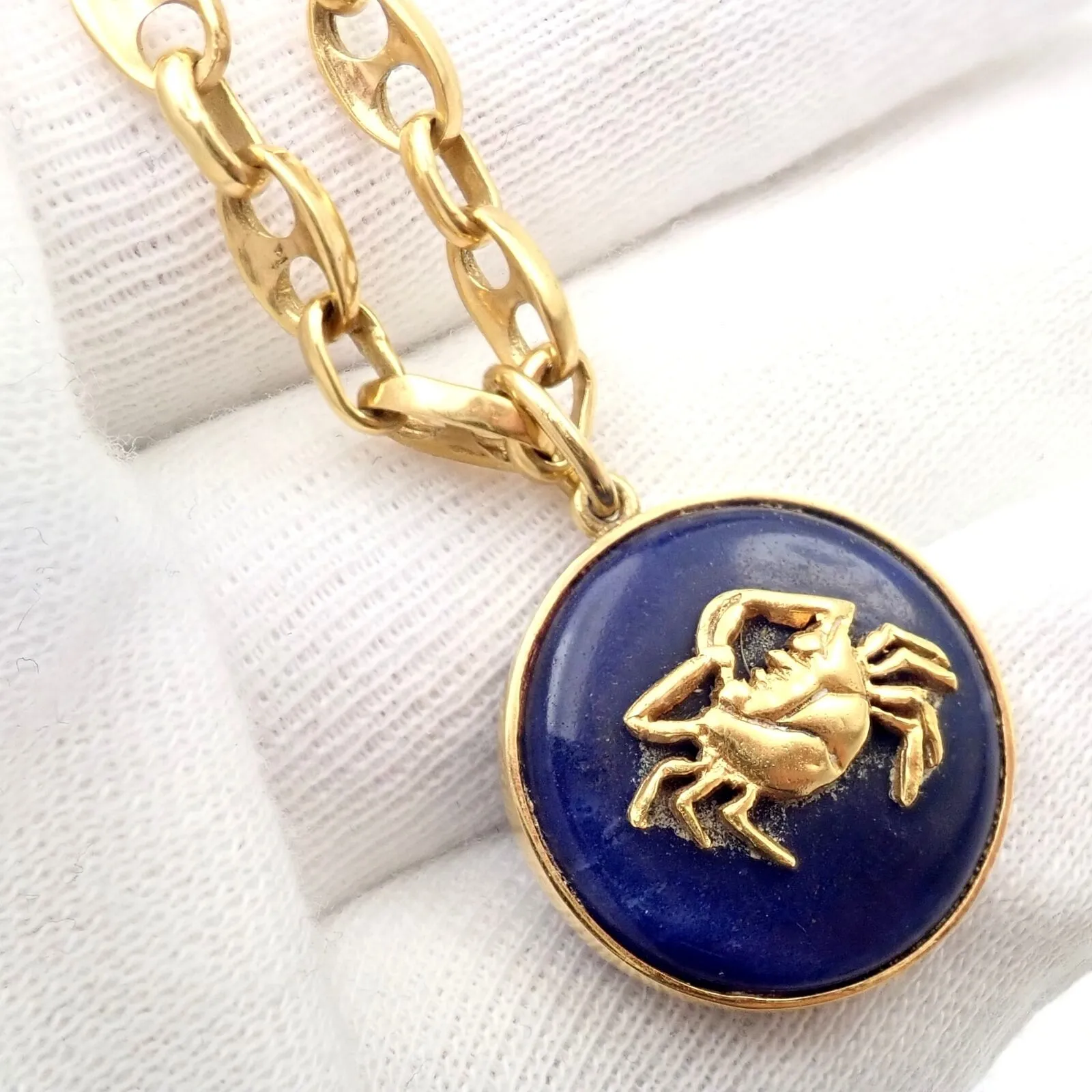 Ilias Lalaounis 18k Yellow Gold Zodiac Cancer Crab Lapis Pendant Necklace  Chain