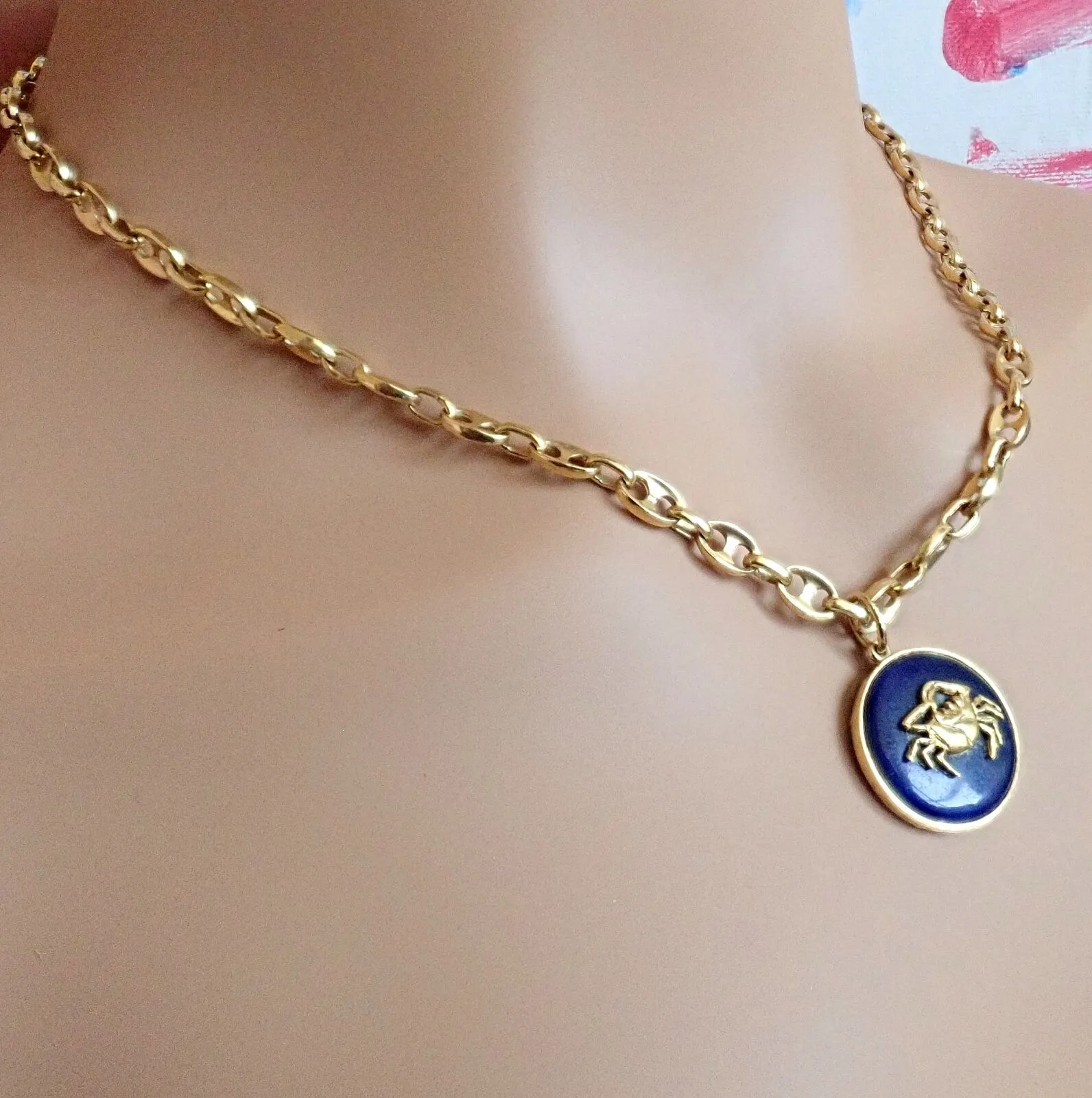 Ilias Lalaounis 18k Yellow Gold Zodiac Cancer Crab Lapis Pendant Necklace  Chain