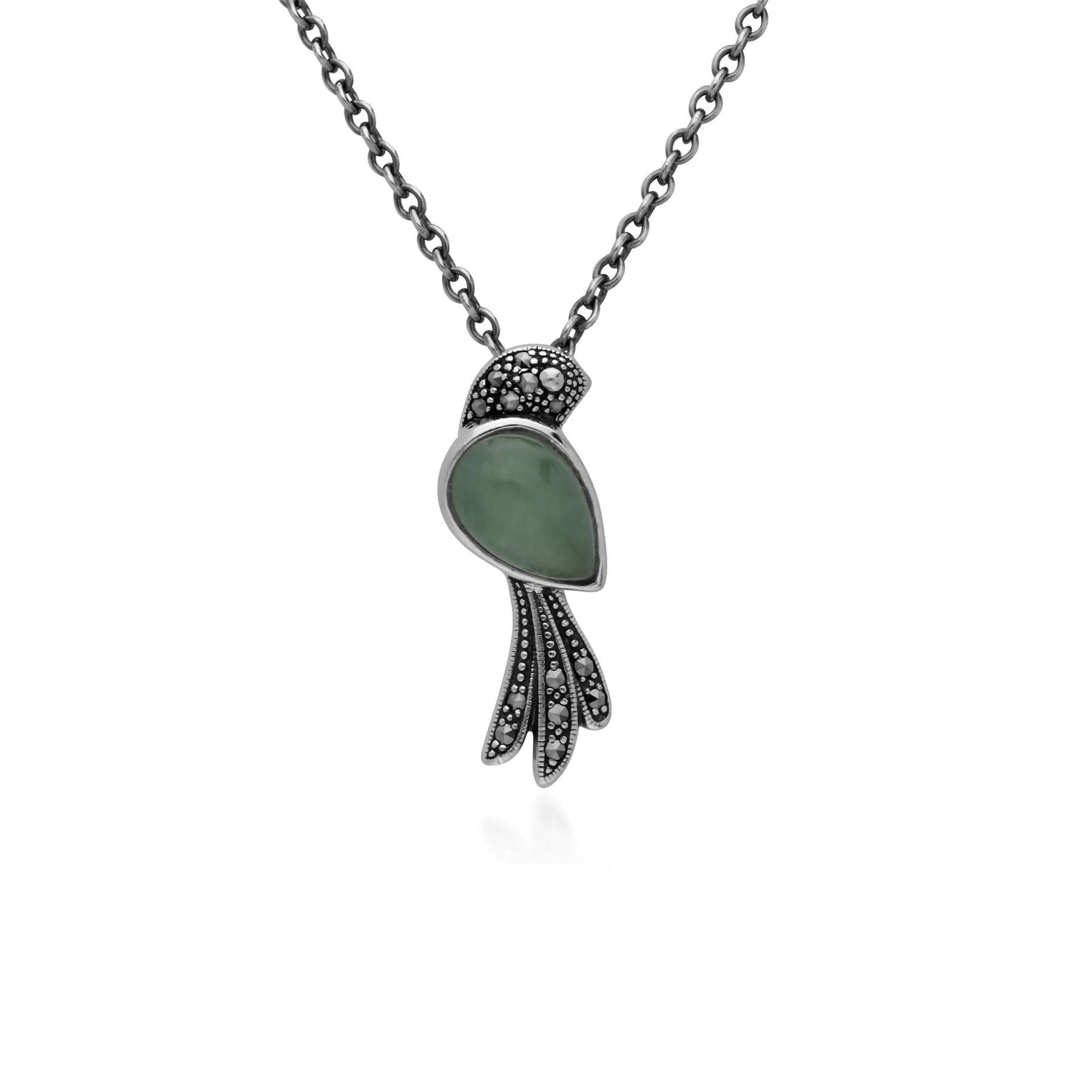 Jade Halskette, Sterlingsilber 1ct Jade & 0.11ct Markasit Vogel 45cm Halskette