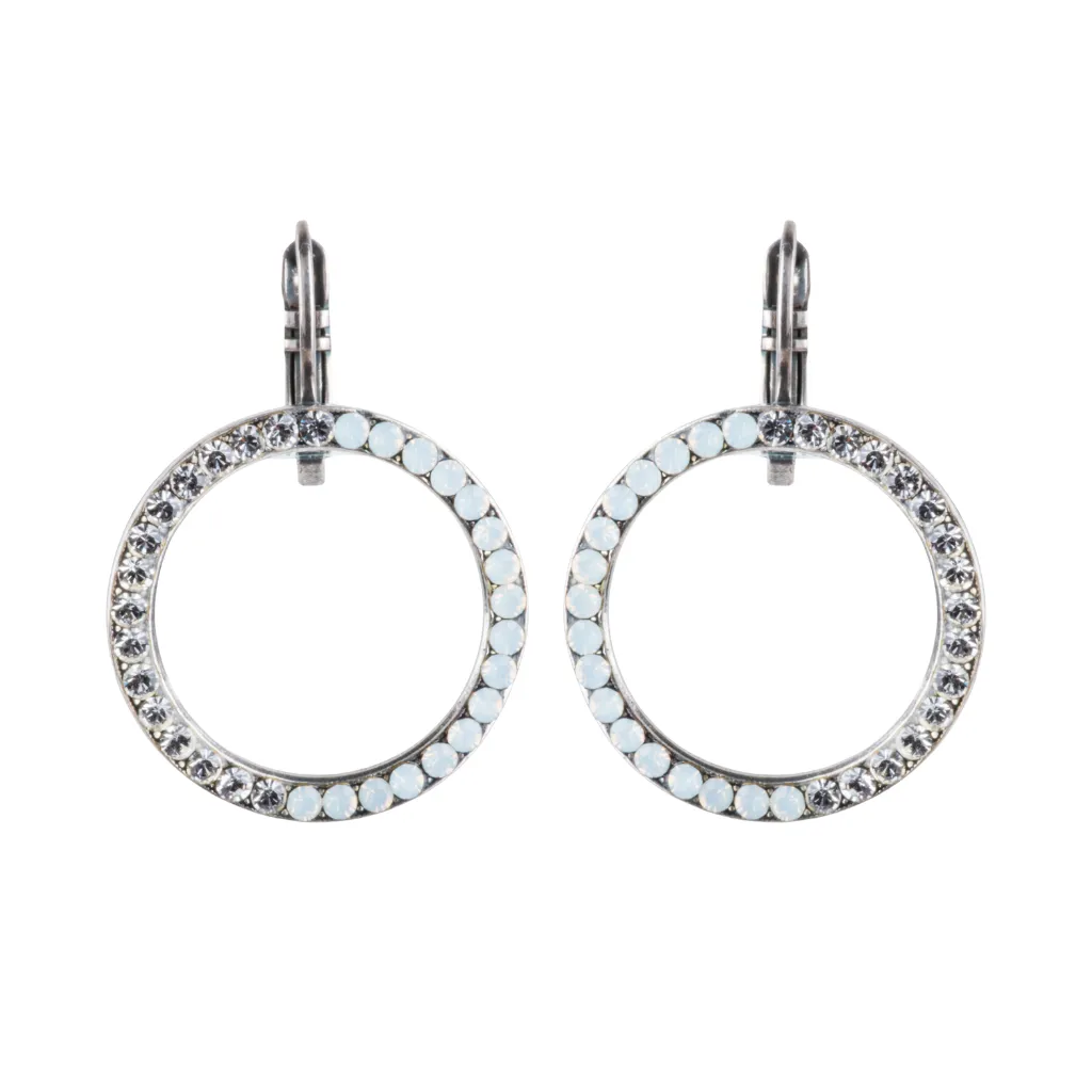 Large Open Circle Leverback Earrings in "Crystal Clear"- Antiqued Silver