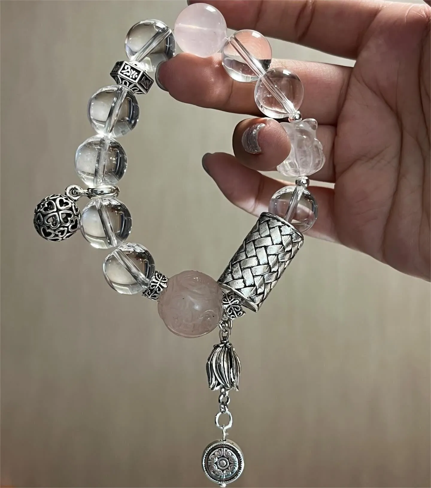 Milky, Rose, and Clear Quartz Bracelet
