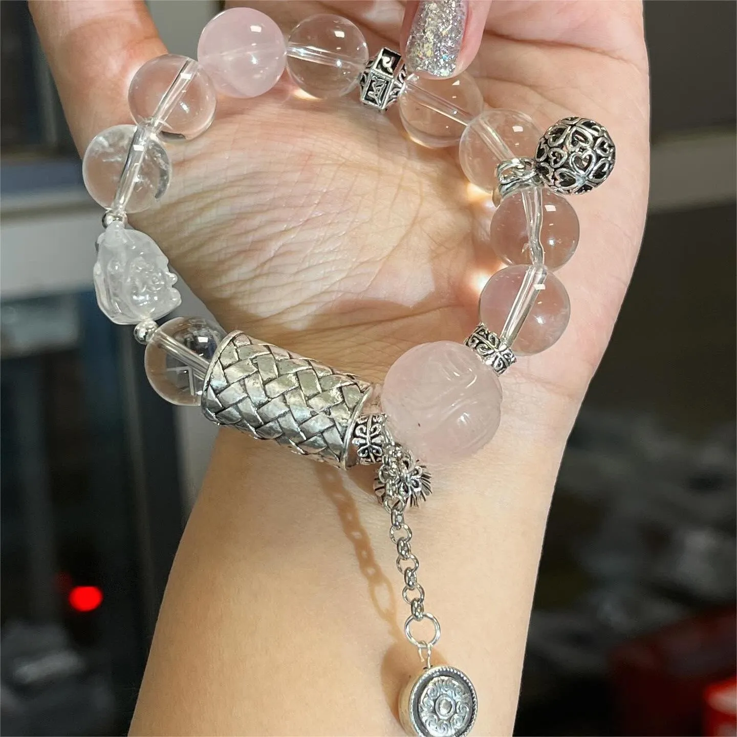 Milky, Rose, and Clear Quartz Bracelet
