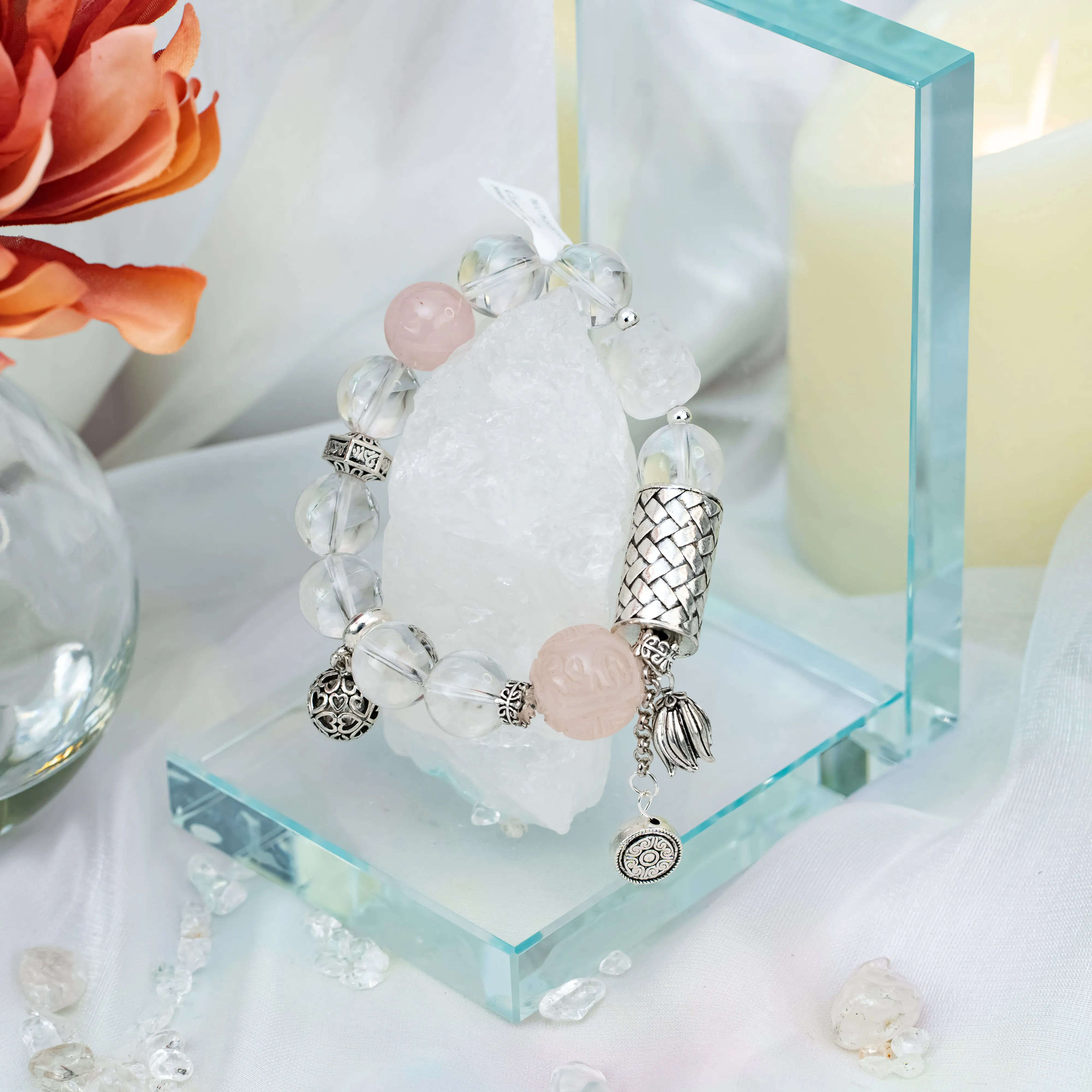 Milky, Rose, and Clear Quartz Bracelet
