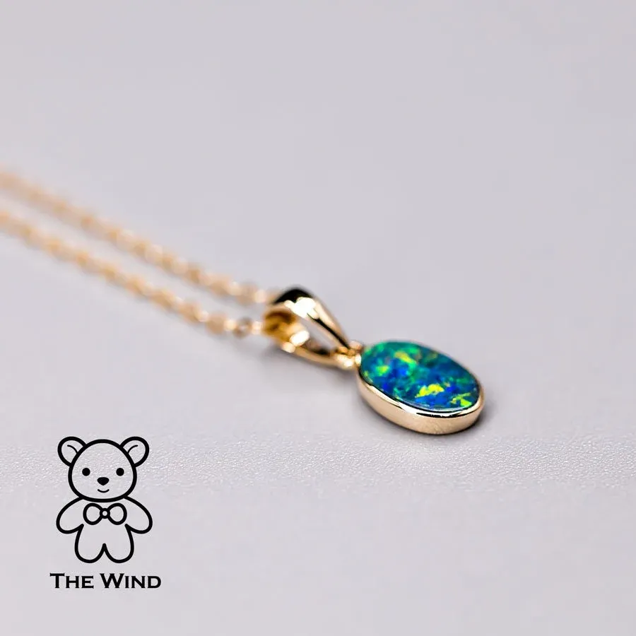 Minimalist Oval Natural Australian Doublet Opal Pendant Necklace 14k Yellow Gold