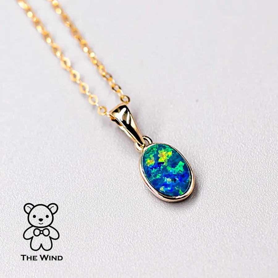 Minimalist Oval Natural Australian Doublet Opal Pendant Necklace 14k Yellow Gold