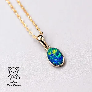 Minimalist Oval Natural Australian Doublet Opal Pendant Necklace 14k Yellow Gold