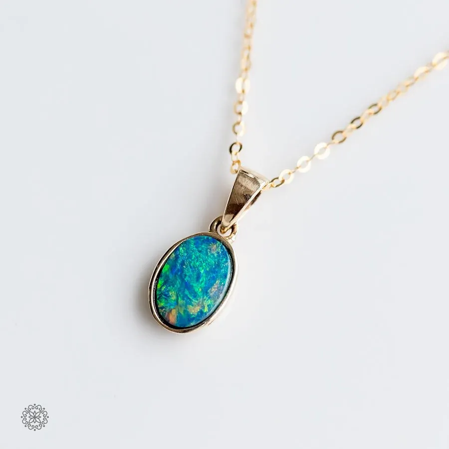 Minimalist Oval Natural Australian Doublet Opal Pendant Necklace 14k Yellow Gold