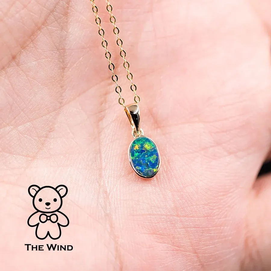 Minimalist Oval Natural Australian Doublet Opal Pendant Necklace 14k Yellow Gold