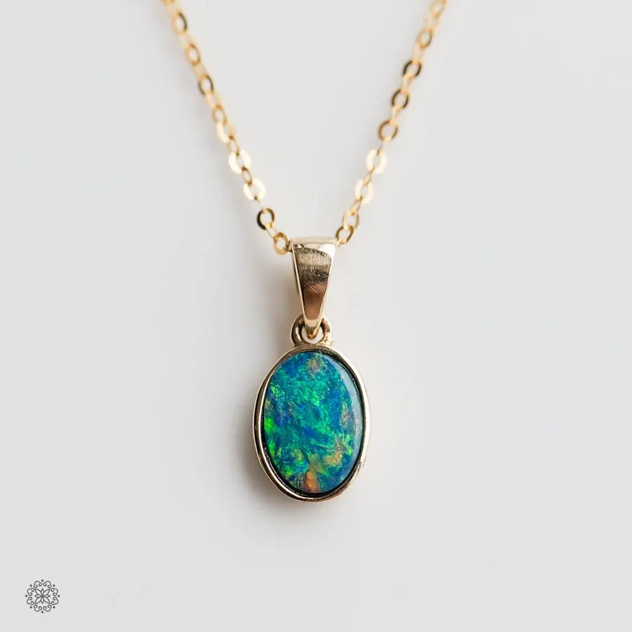 Minimalist Oval Natural Australian Doublet Opal Pendant Necklace 14k Yellow Gold