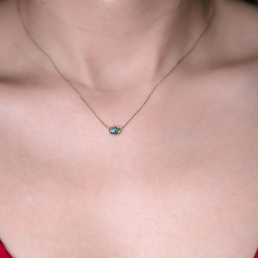 Minimalist Oval Shaped Triplet Opal Necklace 18K Yellow Gold