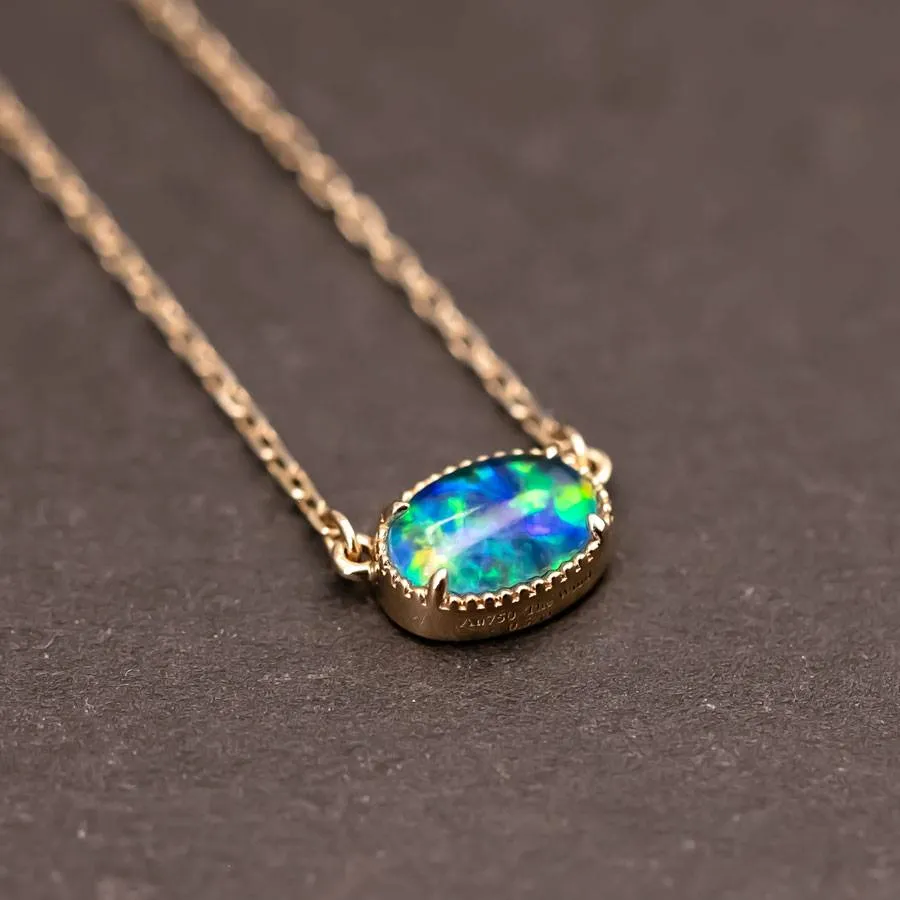 Minimalist Oval Shaped Triplet Opal Necklace 18K Yellow Gold