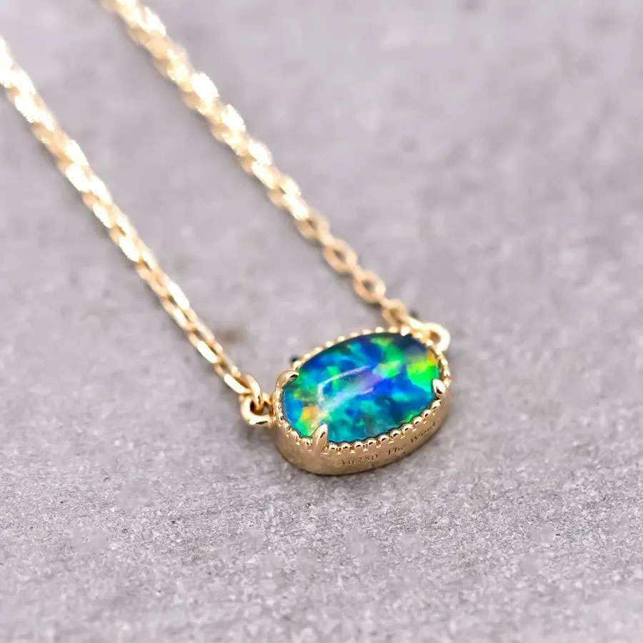 Minimalist Oval Shaped Triplet Opal Necklace 18K Yellow Gold
