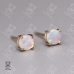 Minimalist Round Shaped Australian Solid Opal Stud Earrings 14K Yellow Gold