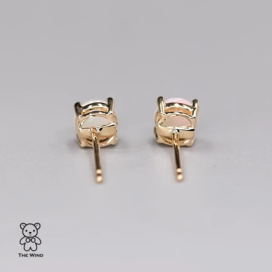 Minimalist Round Shaped Australian Solid Opal Stud Earrings 14K Yellow Gold